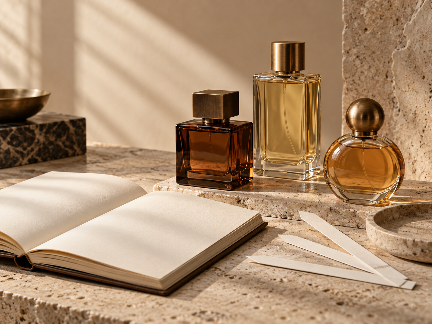 Frascos de perfume, caderno e fitas olfativas em composição editorial